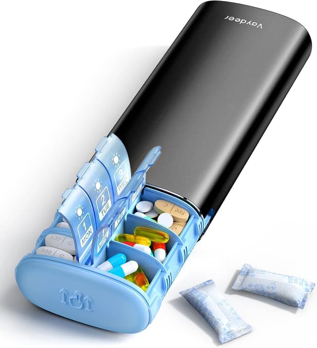 Detalle de VAYDEER AM/PM 14 Compartment Weekly Metal Pill Organiser (Black)