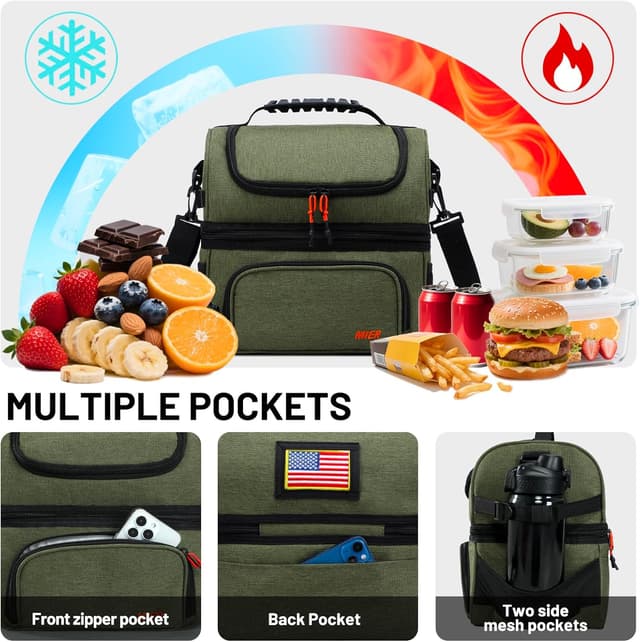 Detalle de MIER Dual Compartment Lunch Bag Tote (Army Green) — Insulated, Leakproof Cooler Tote