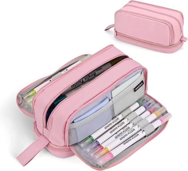 Detalle de Howala Large Capacity Pencil Case with 4 Compartments (Pink) – canvas pen pouch for school and travel