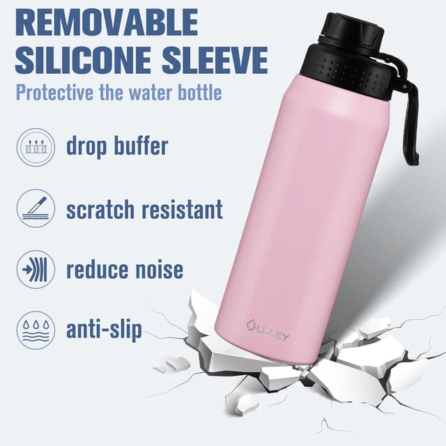 Detalle de Oldley 750ml Insulated Water Bottle with Straw (Pink) – stainless steel flask with leakproof design and 3 lids