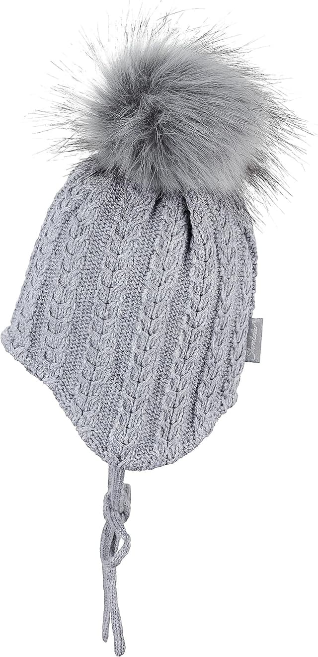 Detalle 2 de Sterntaler Strickmütze mit Ohrenklappen und Bindebändern (unisex) – Silber mel, für 9–12 Monate