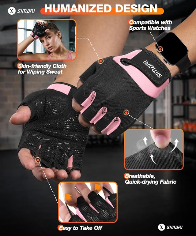 Detalle de SIMARI Breathable Workout Gloves for Men & Women (Full Palm Protection, Anti-Slip), Black/Pink