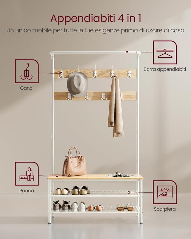 Detalle de VASAGLE Appendiabiti Grande Mobile da Ingresso con Panca, 9 Ganci e Scarpiera HSR047W09 (Rovere e Bianco)