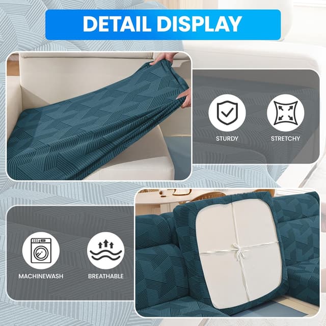 Detalle de CYCMACO copricuscini e copriseduta elasticizzati per divano (2 posti) blu pavone, antiscivolo e lavabili