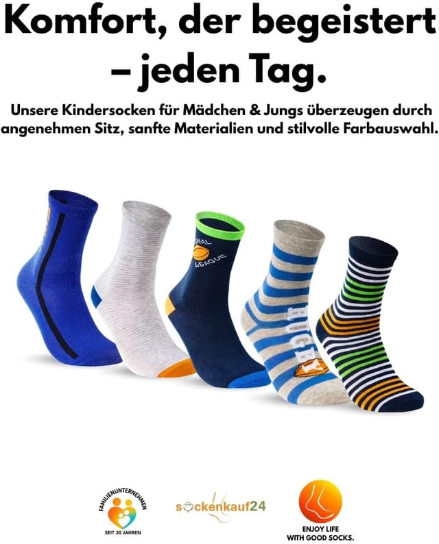 Detalle 2 de 10 Paar Kinder Socken für Jungen & Mädchen aus Baumwolle – strapazierfähige Kindersocken für Alltag, Sport und Spiel