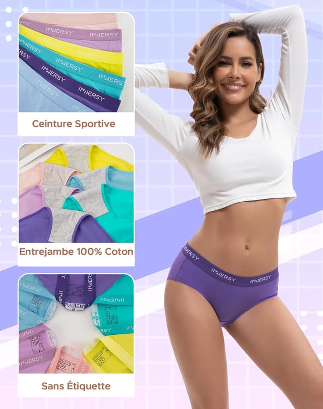 Detalle de INNERSY Culotte femme en coton stretch taille basse (lot de 6)