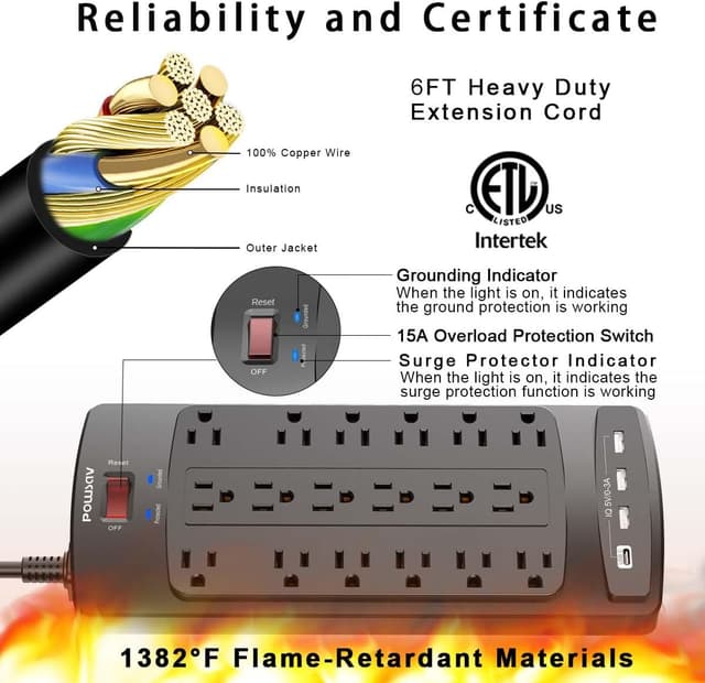 Detalle de POWSAV 18-Outlet Surge Protector Power Strip (6-Foot Flat Plug, 4 USB) — ETL Listed