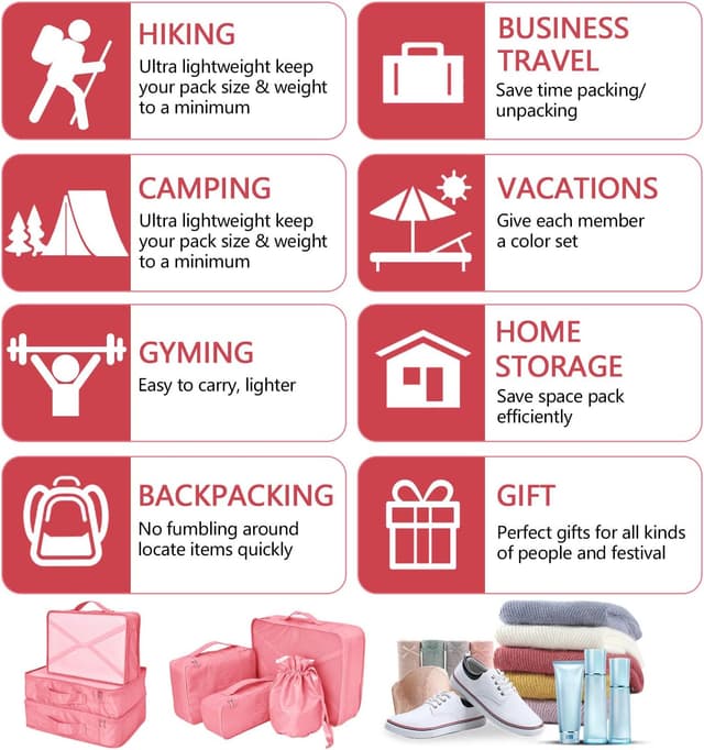 Detalle de Koffer Organizer Reise-Kleidertaschen 8 Sets (7 Farben) inkl. wasserdichter Schuhbeutel – Travel Gepäck-Organisatoren in Peach Pink