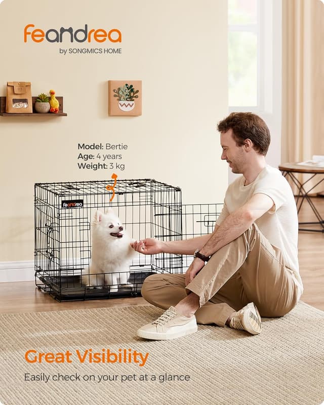 Detalle de Feandrea Dog Crate PPD024B01 (S) foldable dog cage with 2 doors, removable tray, 61 x 43.5 x 50.5 cm, black