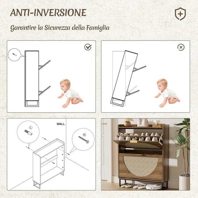 Detalle 2 de BonVache Mobiletto Per Scarpe Stretto con 2 ante e regolazione, scarpiera in rattan (80x24x102 cm)