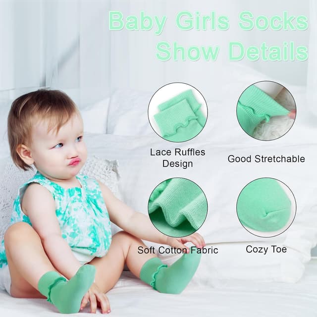 Detalle de GENTABY 15 Pairs Baby Girls Frilly Cotton Socks (0–6 Years) – Pink, White, Yellow & Multicolour