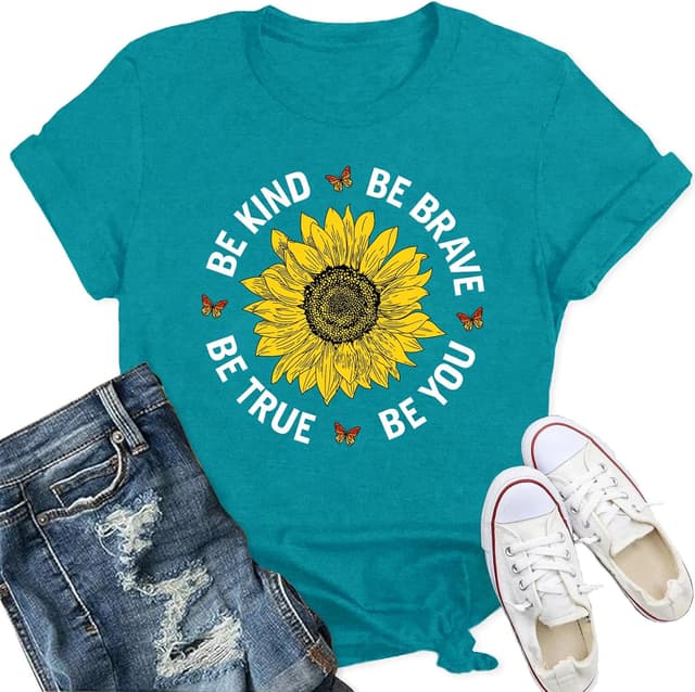 Detalle de Qskall women’s sunflower “Be Kind” slogan T-shirt – soft loose-fit inspirational tee