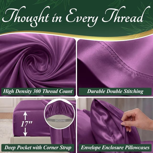 Detalle 2 de DECOLURE 100% Viscose Derived from Bamboo Queen Sheets Set (Purple) – 6-Piece, Deep 17" Pockets