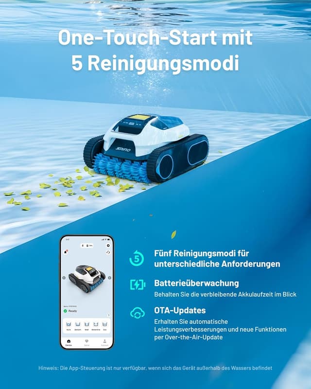 Detalle de (2026 Neues) Spino E1 Poolroboter für Wand & Boden – kabelloser Poolsauger mit App-Steuerung und SmartArc Navigation