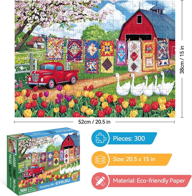 Detalle 2 de 300 Piece Jigsaw Puzzle for Adults – Spring Farmyard Delight with Quilts & Tulips (20.5" × 15")