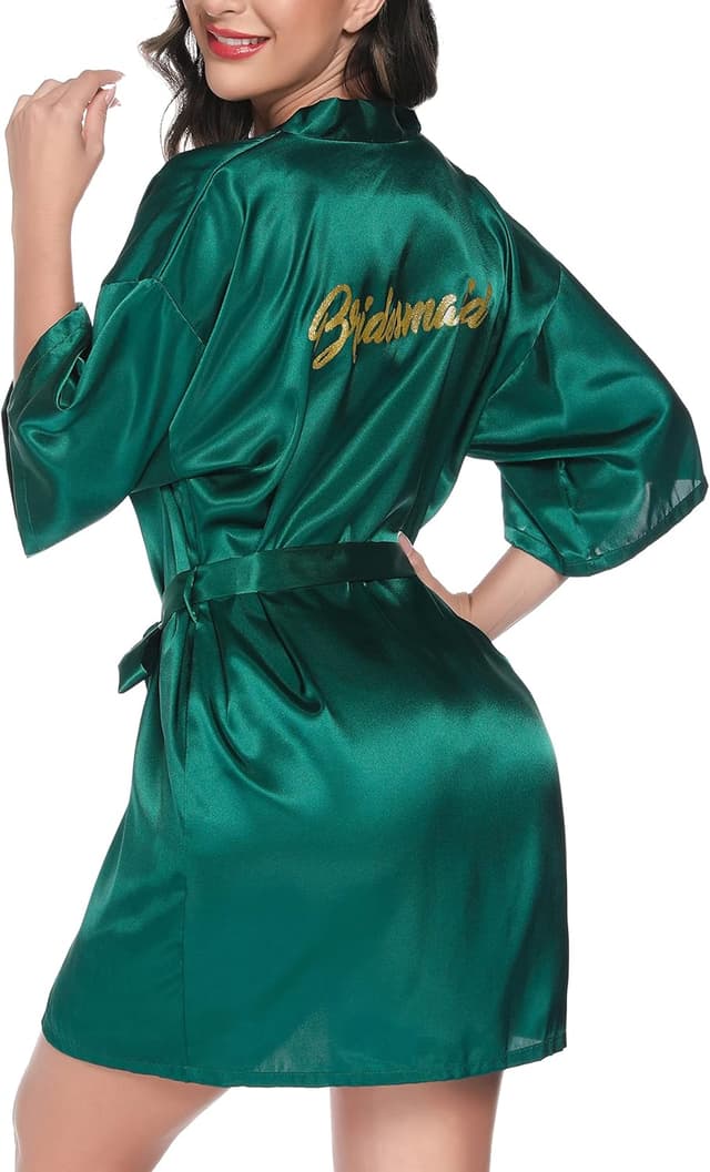 Detalle de Vlazom Peignoir femme en satin satiné col V avec ceinture (peignoir de mariée/temoin/demoiselle d’honneur)