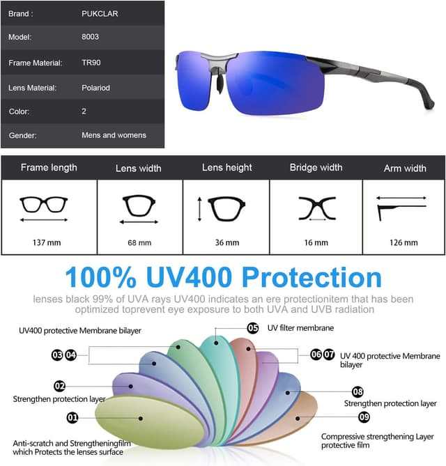 Detalle de PUKCLAR Herren Sonnenbrille Polarisierte Sportbrille Polarisierte Sportbrille Fahrerbrille mit Al-Mg Rahmen, rechteckig, Cat 3