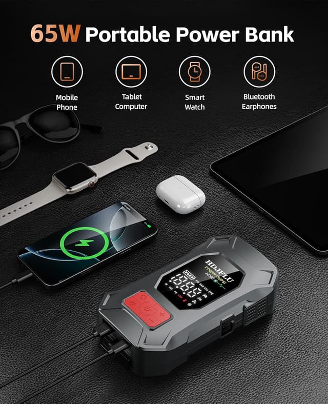 Detalle de Jump starter 7500A con compressore 180 PSI, ricarica 65W e batteria portatile 24.000 mAh per auto 12V