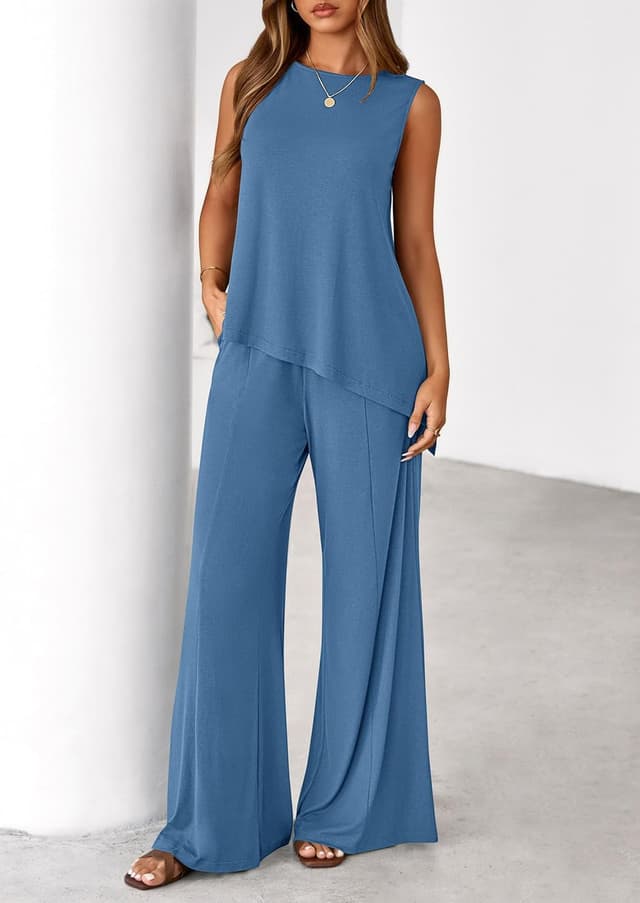 Detalle 2 de PRETTYGARDEN Women’s 2026 Two-Piece Lounge Set with Asymmetrical Split Tank Top and Wide-Leg Pants