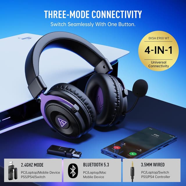 Detalle 2 de EKSA E900WT wireless gaming headset with 2.4GHz USB dongle and Bluetooth 5.4