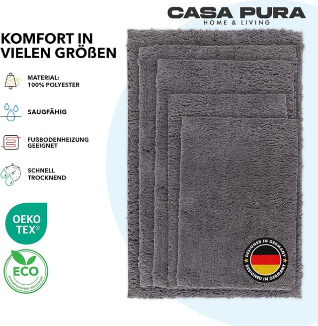 Detalle de casa pura „Sky Soft“ Badematte grau – weicher, flauschiger Badvorleger (70 x 120 cm) rutschfest & waschbar