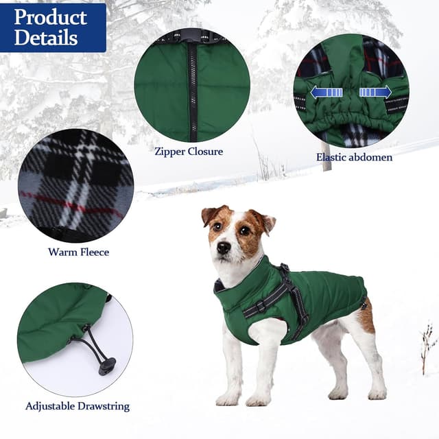 Detalle de babepet Warm Pet Dog Coats with Harness – Waterproof Green Small Dog Jacket Coat (with Chest Strap, Zip Up) – XL