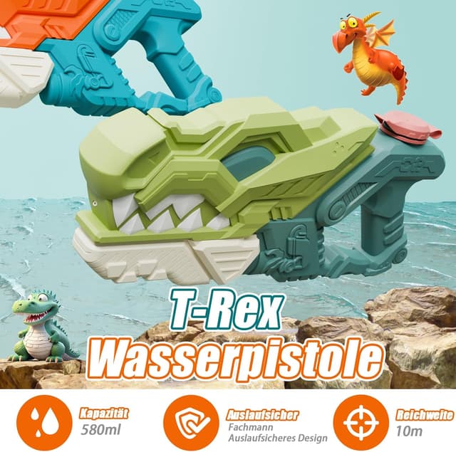 Detalle de Weirtoya 2er-Set Dino-Wasserpistolen (580 ml) – Dinosaurier Wasserspritzpistole für Kinder, 7–10 m