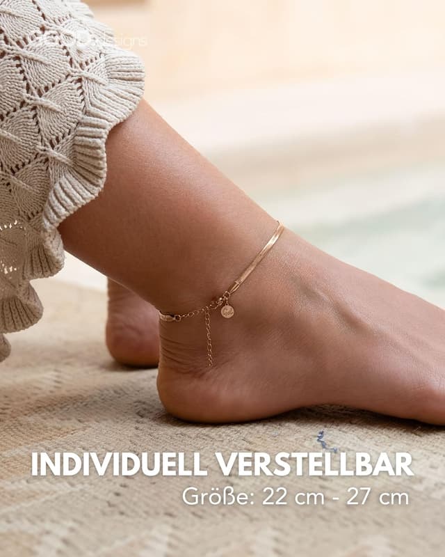 Detalle de GD GOOD.designs Fußkettchen für Damen – flache Schlangenkette (3 mm) aus 316L Edelstahl, 18K Gold/Roségold oder Silber, 22–27 cm