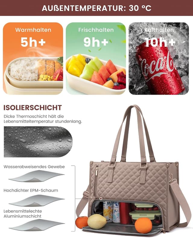 Detalle de LOVEVOOK Laptoptasche für Damen mit isoliertem Lunch-Fach – für 15,6 Zoll Laptop, Schultertasche & Arbeitstasche