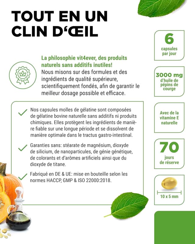 Detalle 2 de Huile de Pépins de Courge en capsules (420) – 3000 mg par portion journalière avec vitamine E