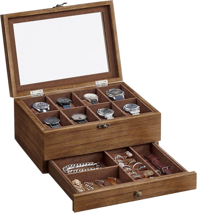 Detalle de SONGMICS JOW008K01 Rustic Walnut 8-Slot Watch Box with 2 Tiers and Glass Lid