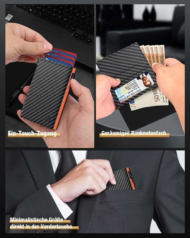 Detalle de Slim Kartenetui für Herren mit Münzfach & ID-Fenster – Schwarz/Orange
