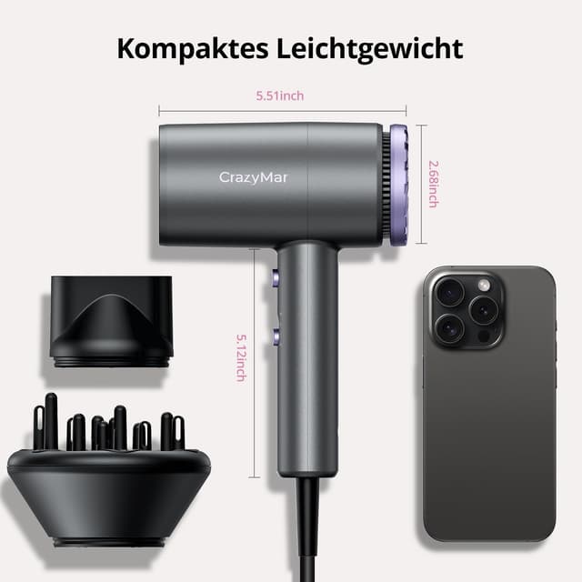 Thumbnail 6 de CrazyMar Föhn mit Diffusor 1800 W – Ionen-Haartrockner mit 3 Stufen & 3 Temperaturen (Grau)