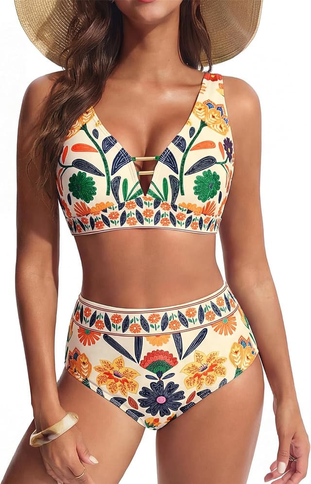 Thumbnail 6 de Hanna Nikole High-Waisted Floral Bikini Set (2-Piece) with V-Neck and Cutout Details