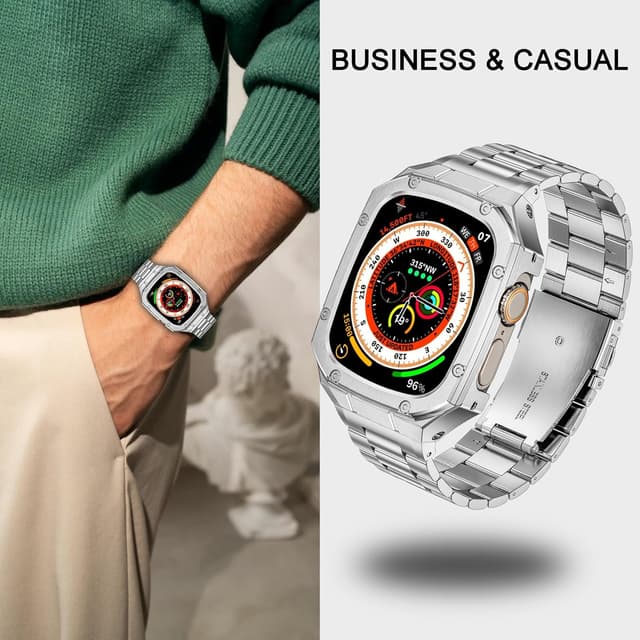 Detalle de BAITEYOU Stainless Steel Watch Band with Case for Apple Watch Ultra 3/2/1 (49mm) — Rugged Metal Bumper Strap, Silver