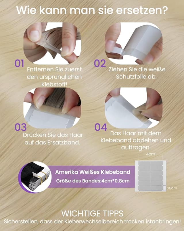 Detalle 2 de LaaVoo Echthaar Tape Extensions Hellblond (Remy) #613 – 20 Stück, 45 cm, 50 g