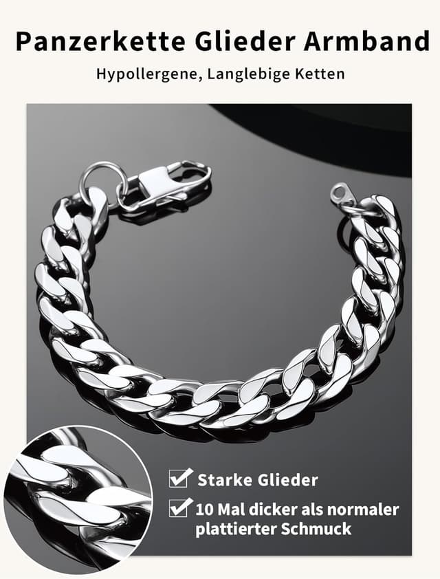 Detalle 2 de ChainsHouse Panzer Armband aus 316L Edelstahl – kubanische Kette mit Karabinerverschluss (13 mm breit, 21 cm Länge)