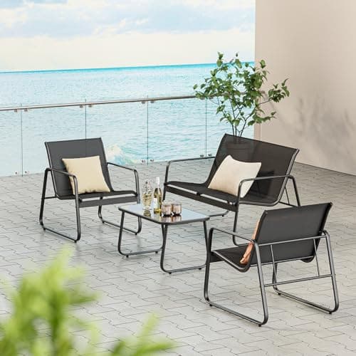 Detalle de Bealife conjunto de muebles de jardín de 4 piezas (3 sillones + mesa de vidrio) en tela Teslin, negro