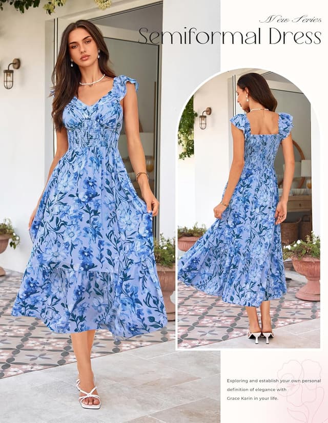 Detalle de GRACE KARIN Damen Blumenkleid mit V-Ausschnitt, Rüschenärmel und Tasche – Sommer-Maxikleid