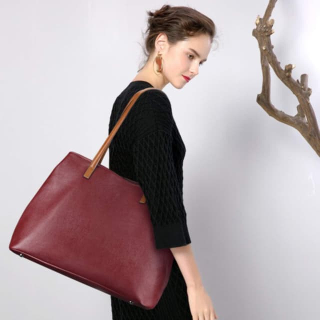 Detalle 2 de S-ZONE Damen Handtasche aus Echtleder – faltbare Shopper mit Schulterriemen, für 13-Zoll-Laptop