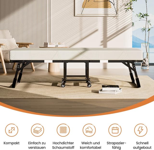 Detalle 2 de Gunuss Klappbett Metall-Klapprahmen inkl. 10 cm Memory-Foam-Matratze – 90 x 190 cm