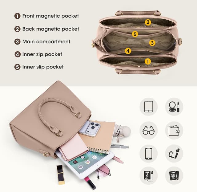 Detalle 2 de RAINSMORE Damen-Handtasche mittelgroß aus PU mit Henkeln & abnehmbarem Schulterriemen – für bis zu 11-Zoll-Tablet, Khaki