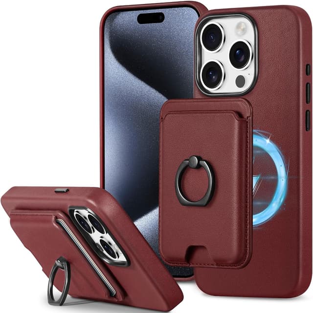 Detalle de SHIELDON Hülle für iPhone 15 Pro (6,1") mit Kartenhalter aus Echtleder – 2-in-1 mit Ring und kabellosem Laden, Weinrot