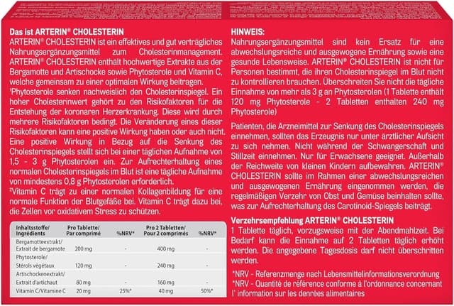 Thumbnail 6 de ARTE RIN Cholesterin (30 Tabletten) mit Phytosterolen und Vitamin C – Nahrungsergänzung für das Cholesterinmanagement