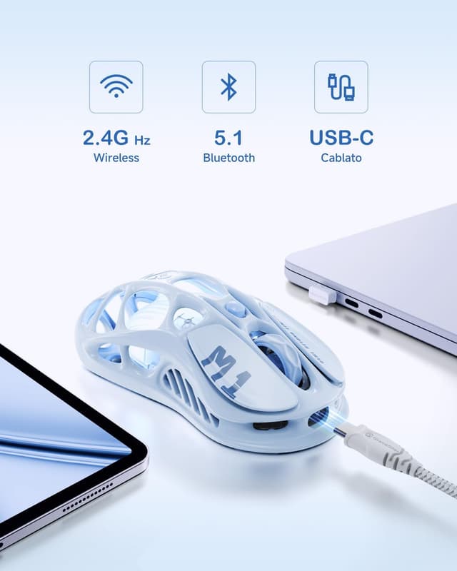 Detalle 2 de GravaStar Mercury M1 Pro mouse gaming ultraleggero 26.000 DPI, triplo collegamento 2.4G/BT/cavo