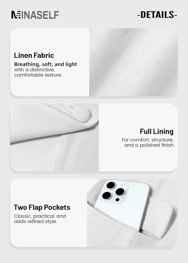 Detalle de Mina Self 2026 Women’s Summer 3/4 Sleeve Linen Blazer (Lightweight, Fully-Lined Slim Office Jacket with Pockets)