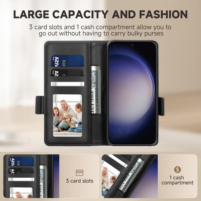 Detalle de CASBST for Samsung Galaxy S23 Kickstand Flip Leather Wallet Case with Card Slots (Black)