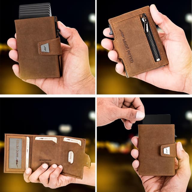Detalle 2 de Marc Peter Herren-Geldbörse aus Leder mit Münzfach & RFID-Schutz – Slim Pop-up Kartenetui für 9–11 Karten
