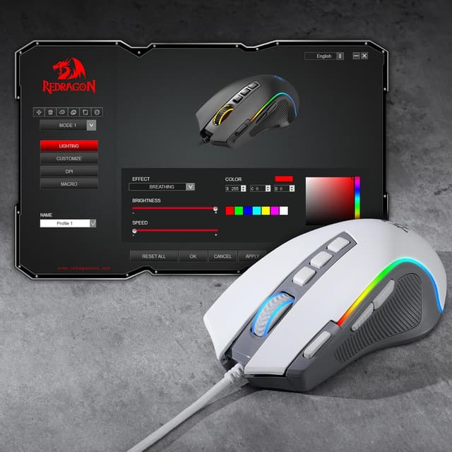 Thumbnail 6 de Redragon M612 RGB Gaming Maus (kabelgebunden, 8000 DPI, 11 programmierbare Tasten) – Grau & Weiß