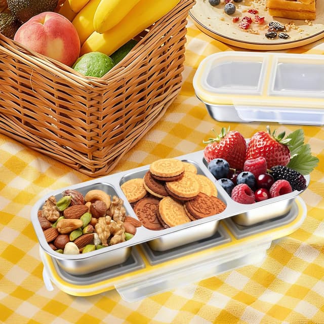Detalle de lompyeu Snackbox mit Fächern (2er-Set) – Edelstahl-Brotdose für Kinder mit 3 Fächern
